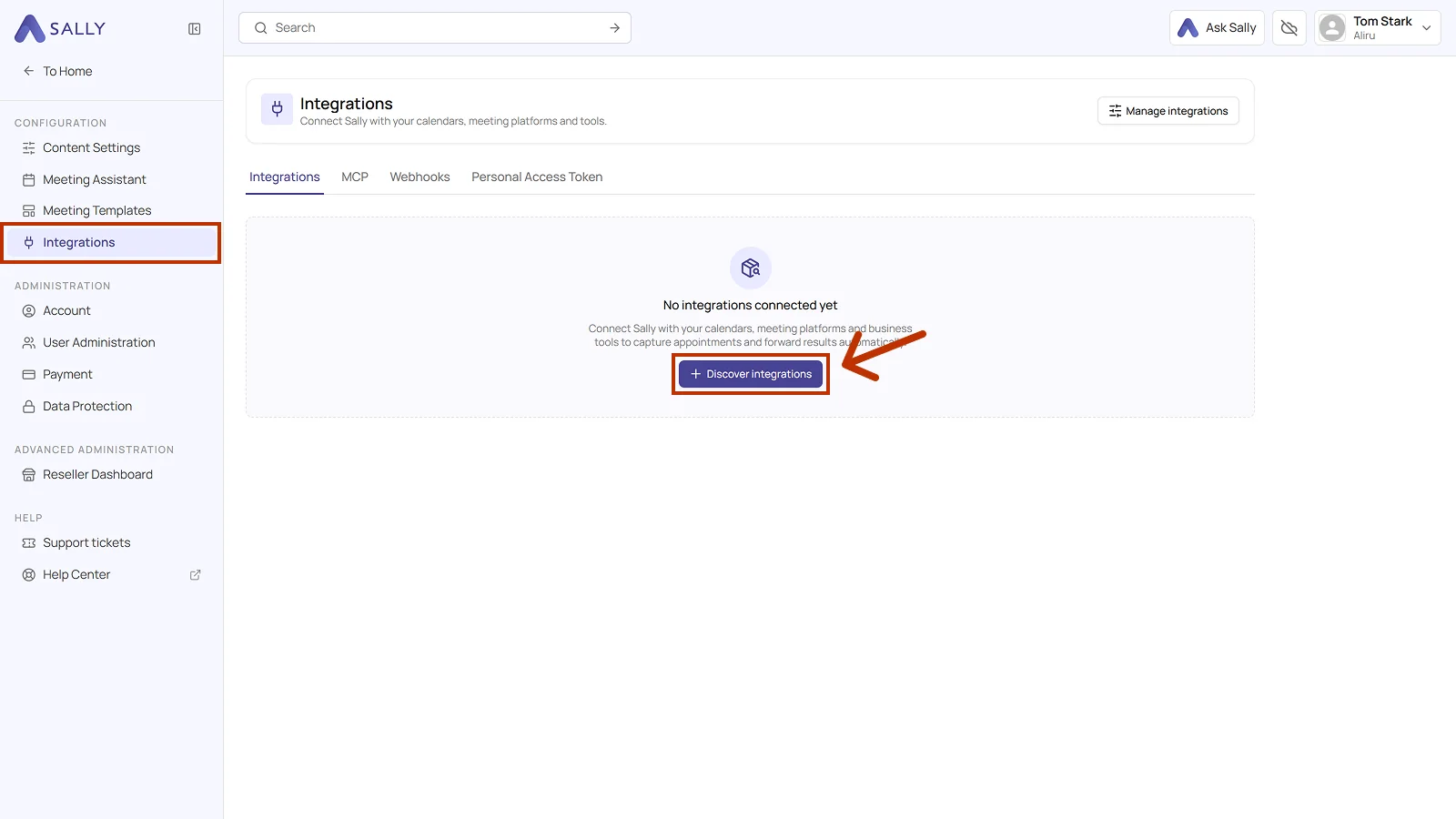 Sally integrations page with no connected integration and the Discover integrations button