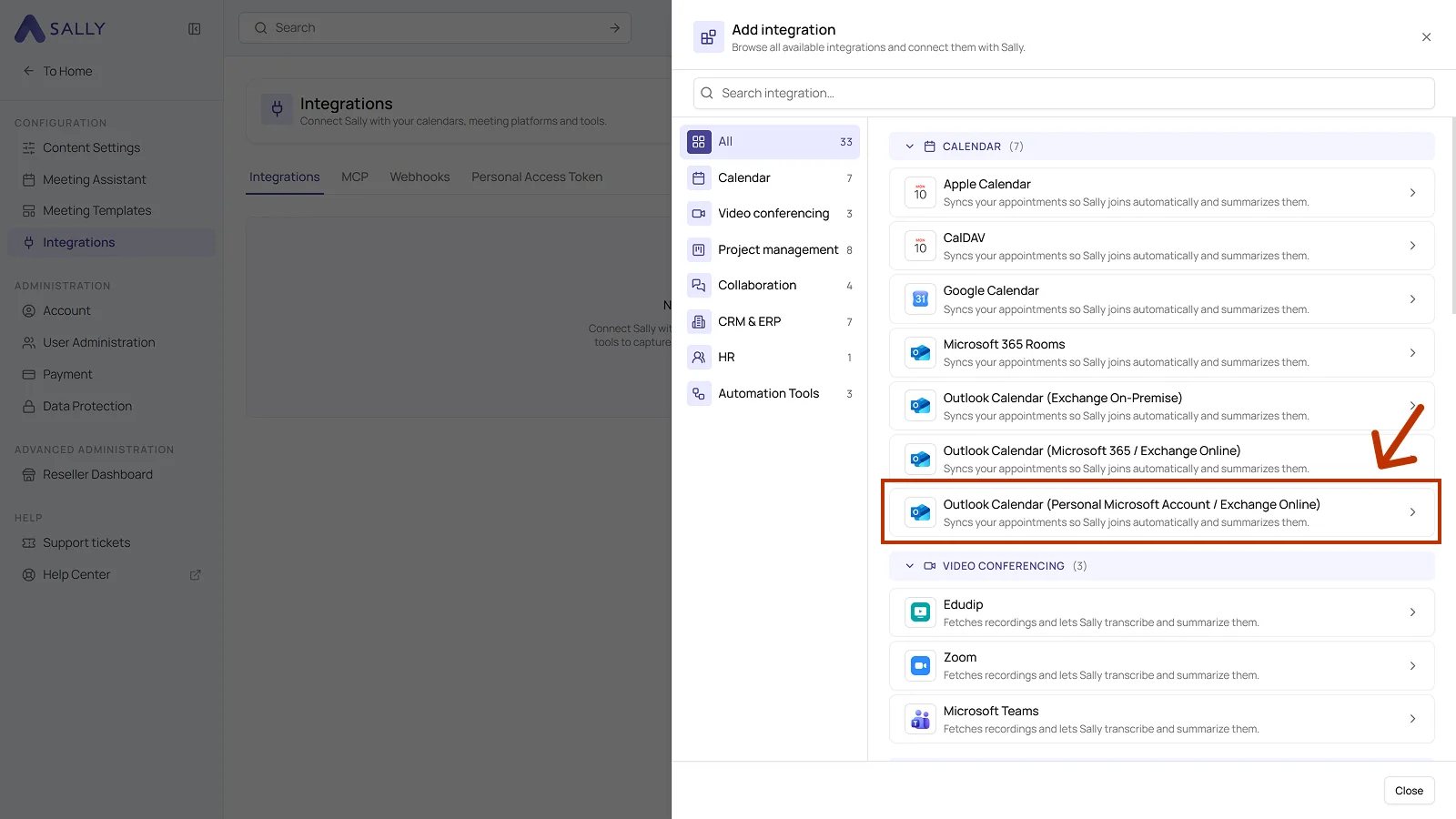 List of all available integrations with the Outlook Calendar entry for a personal Microsoft account highlighted