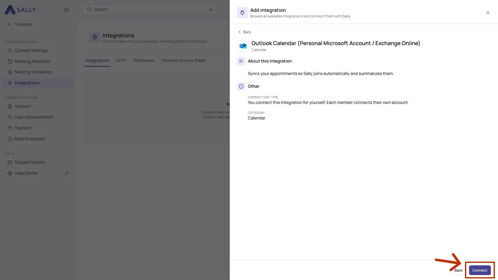 Detail view of the Outlook Calendar integration for a personal Microsoft account with the Connect button highlighted