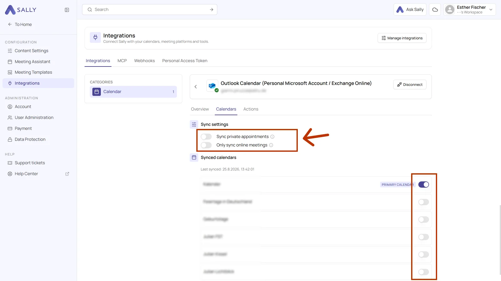 Calendars tab of the connection with a personal Microsoft account showing the sync settings and the synced calendars