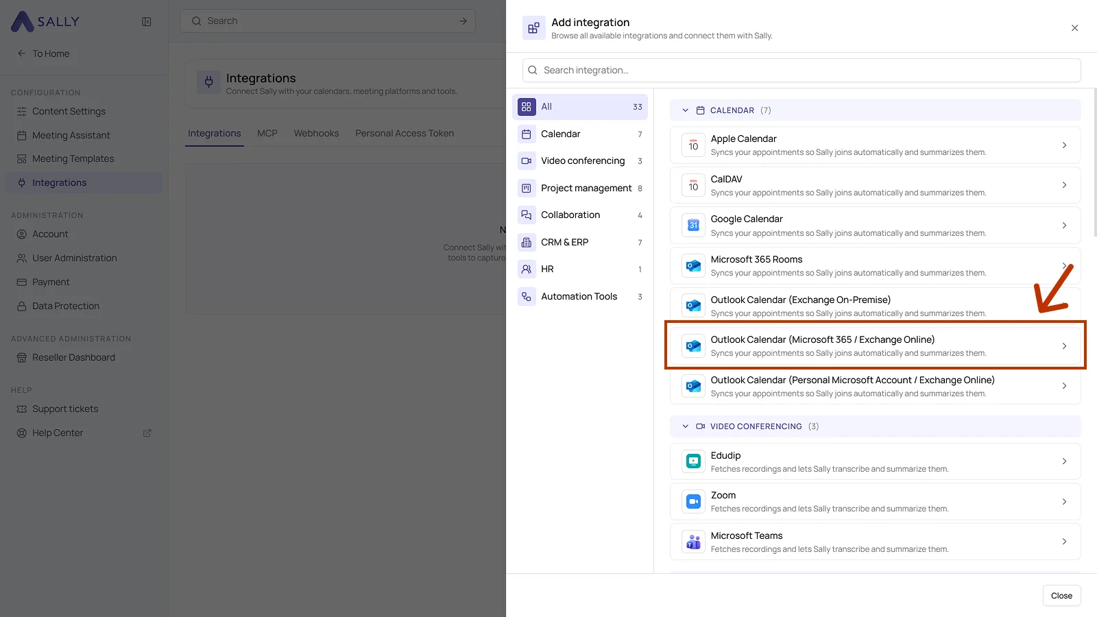 List of all available integrations with the Outlook Calendar entry for Microsoft 365 and Exchange Online highlighted