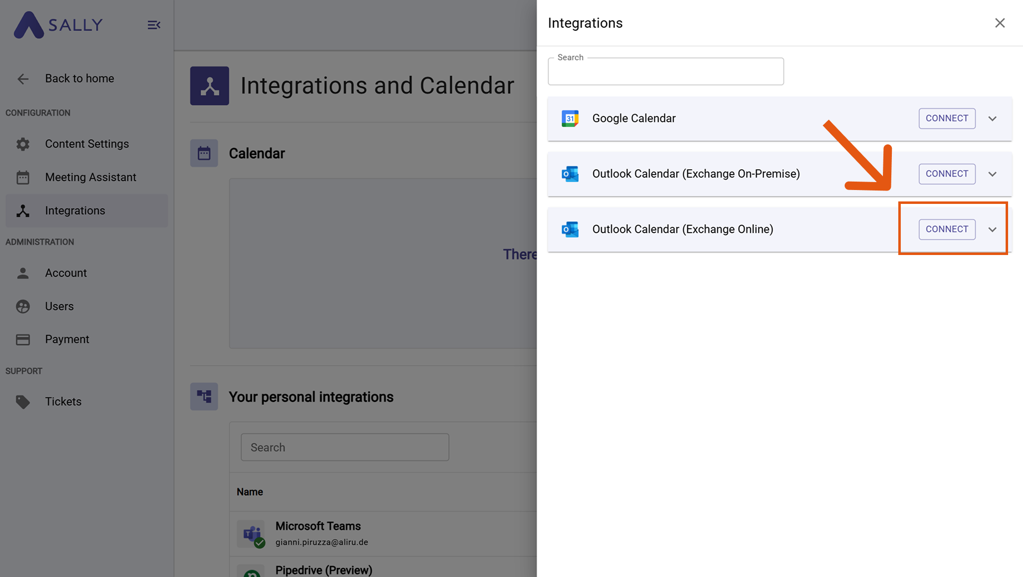 Outlook Calendar Exchange Online integration option with Connect button
