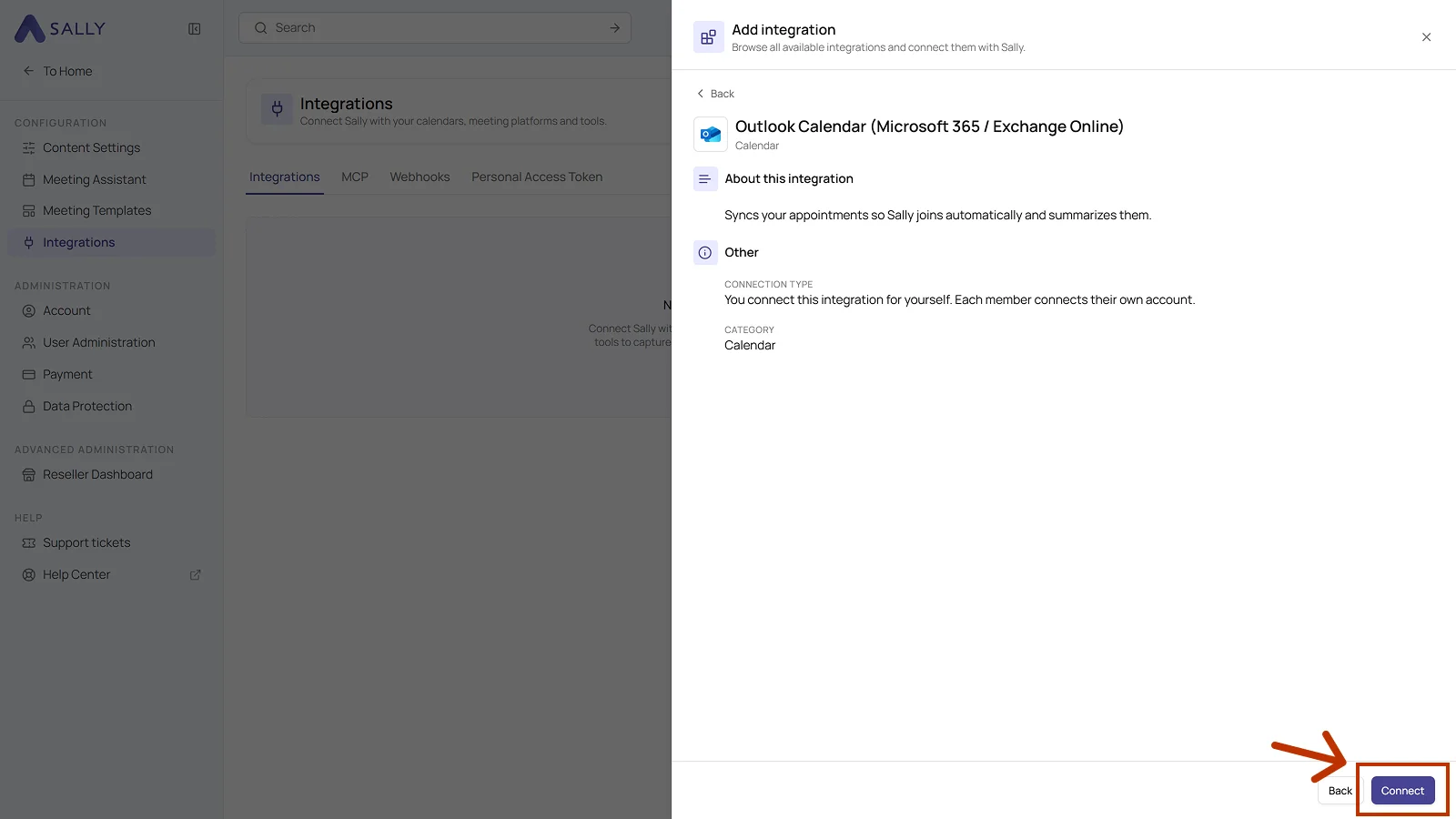 Detail view of the Outlook Calendar integration for Microsoft 365 with the Connect button highlighted