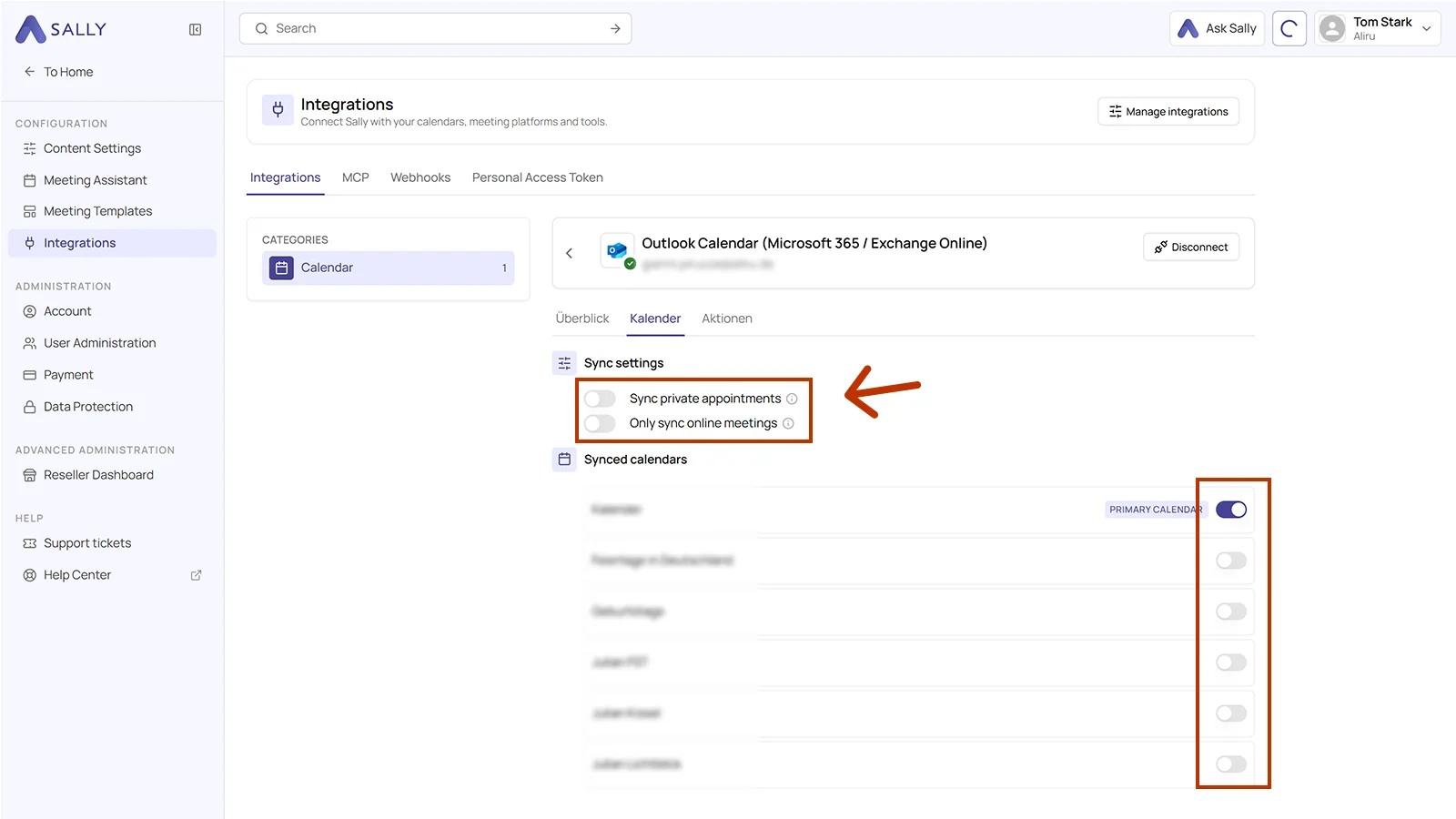 Calendars tab of the connected integration with the sync settings and the synced calendars