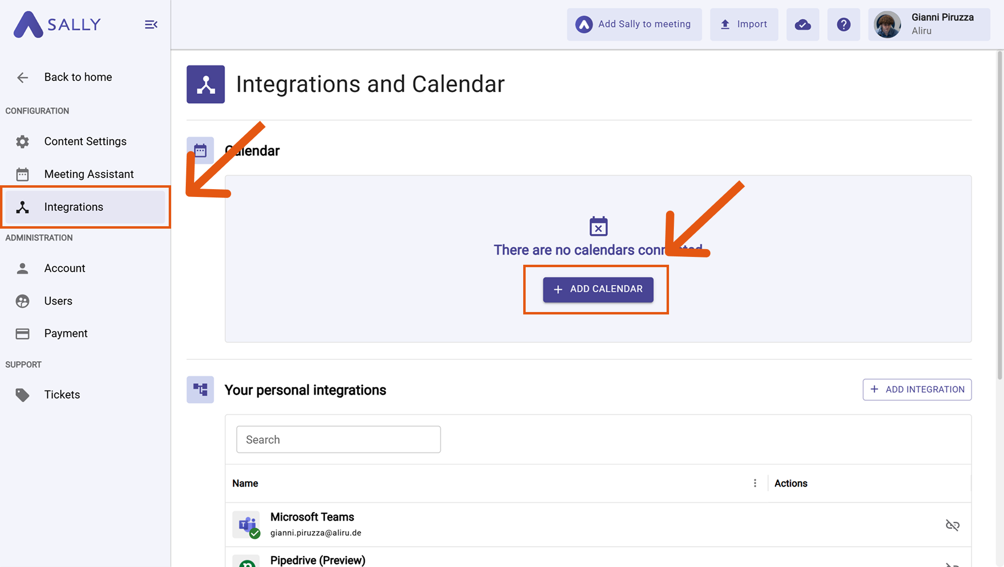 Sally interface with Settings highlighted in the left sidebar