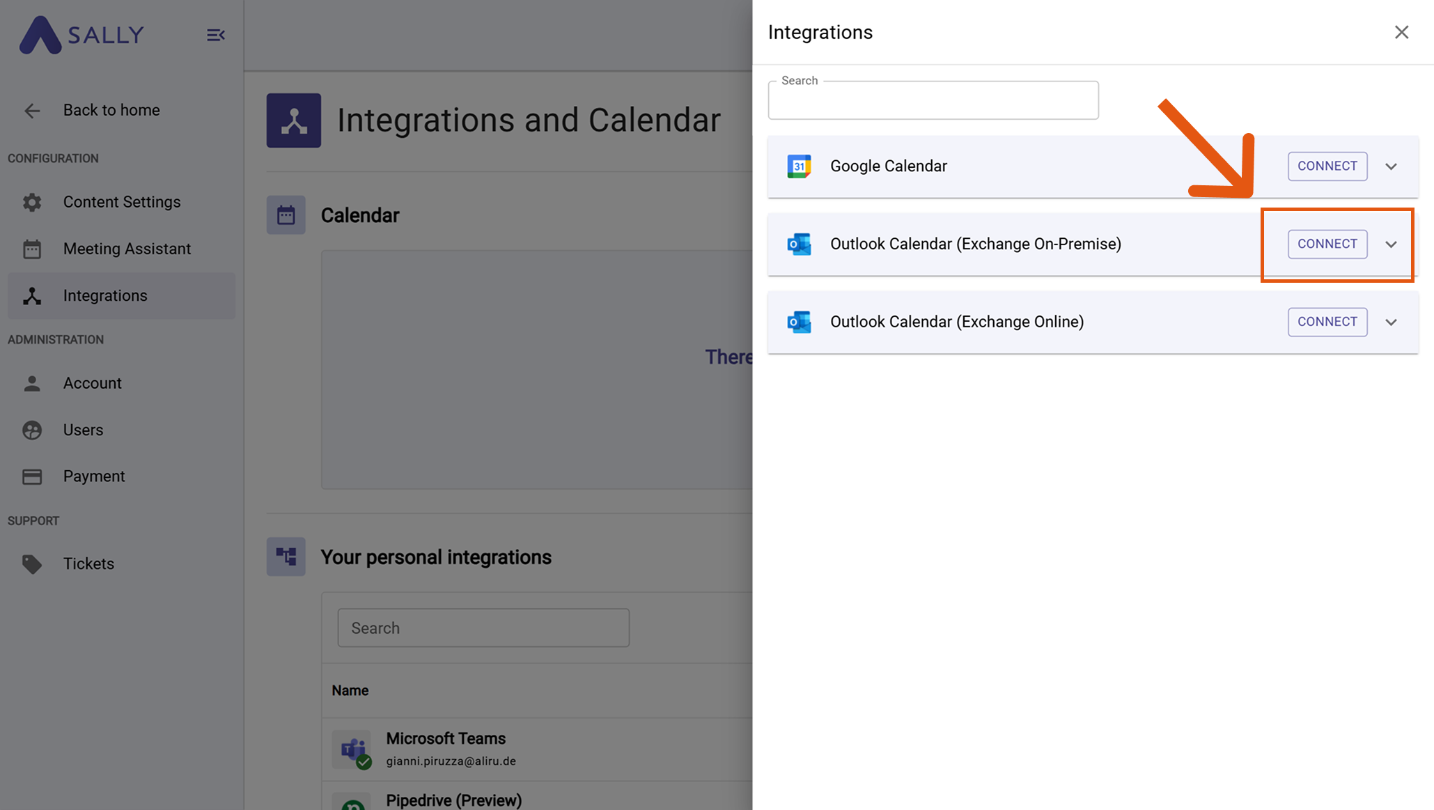 Sally Integrations page with Add Calendar highlighted