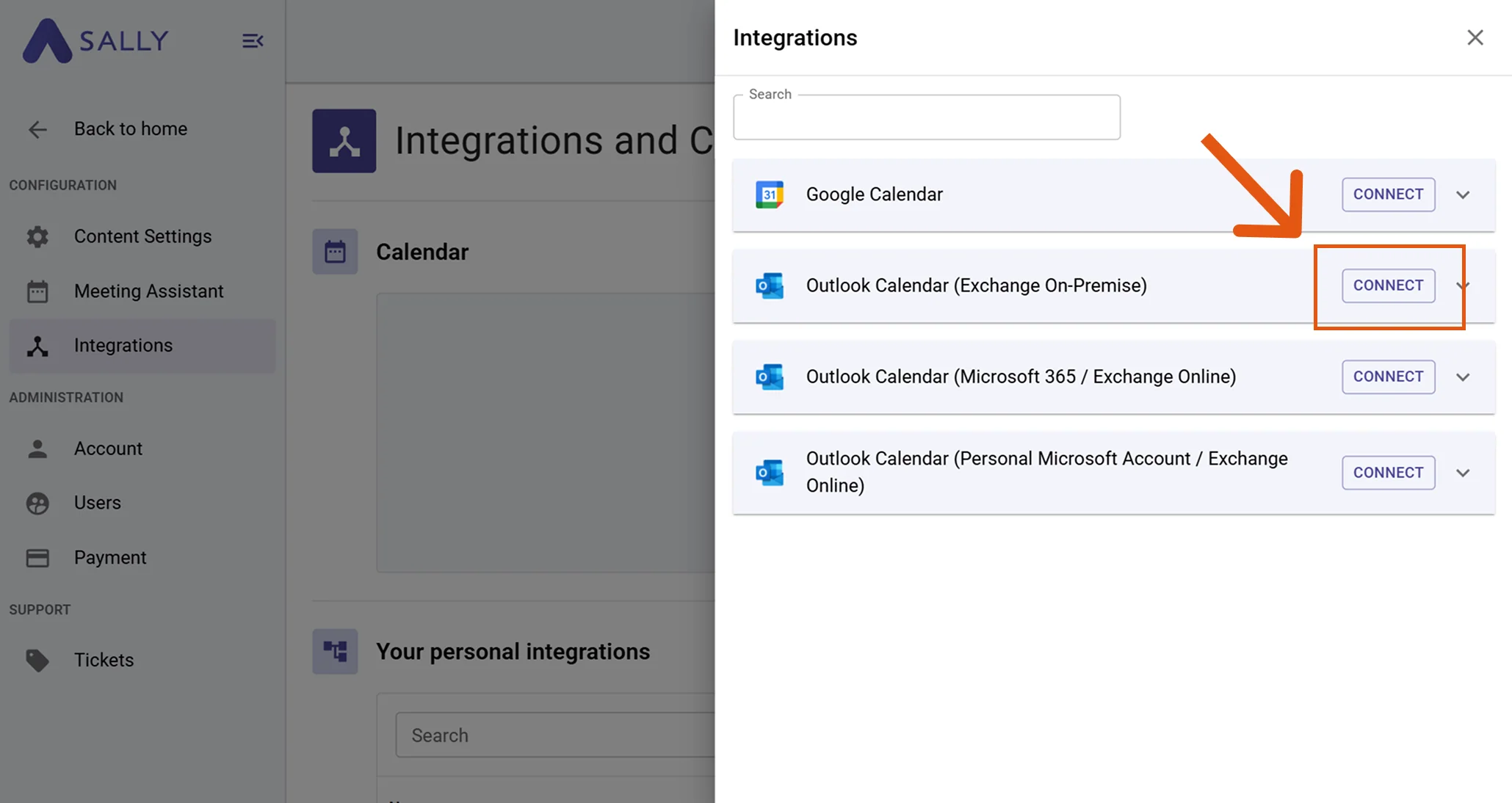 Sally Integrations page with Add Calendar highlighted