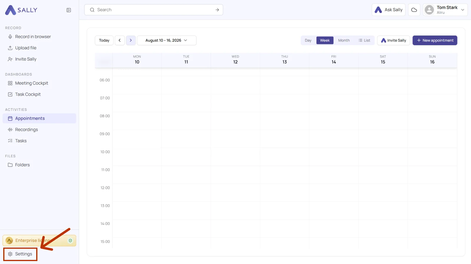 Sally sidebar with the Settings entry highlighted at the bottom left