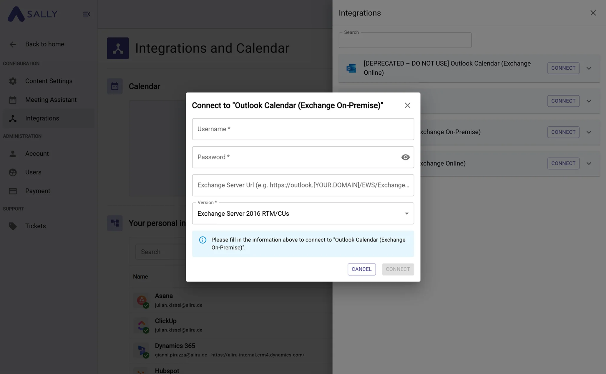 Outlook Calendar Exchange On-Premise integration option with Connect button