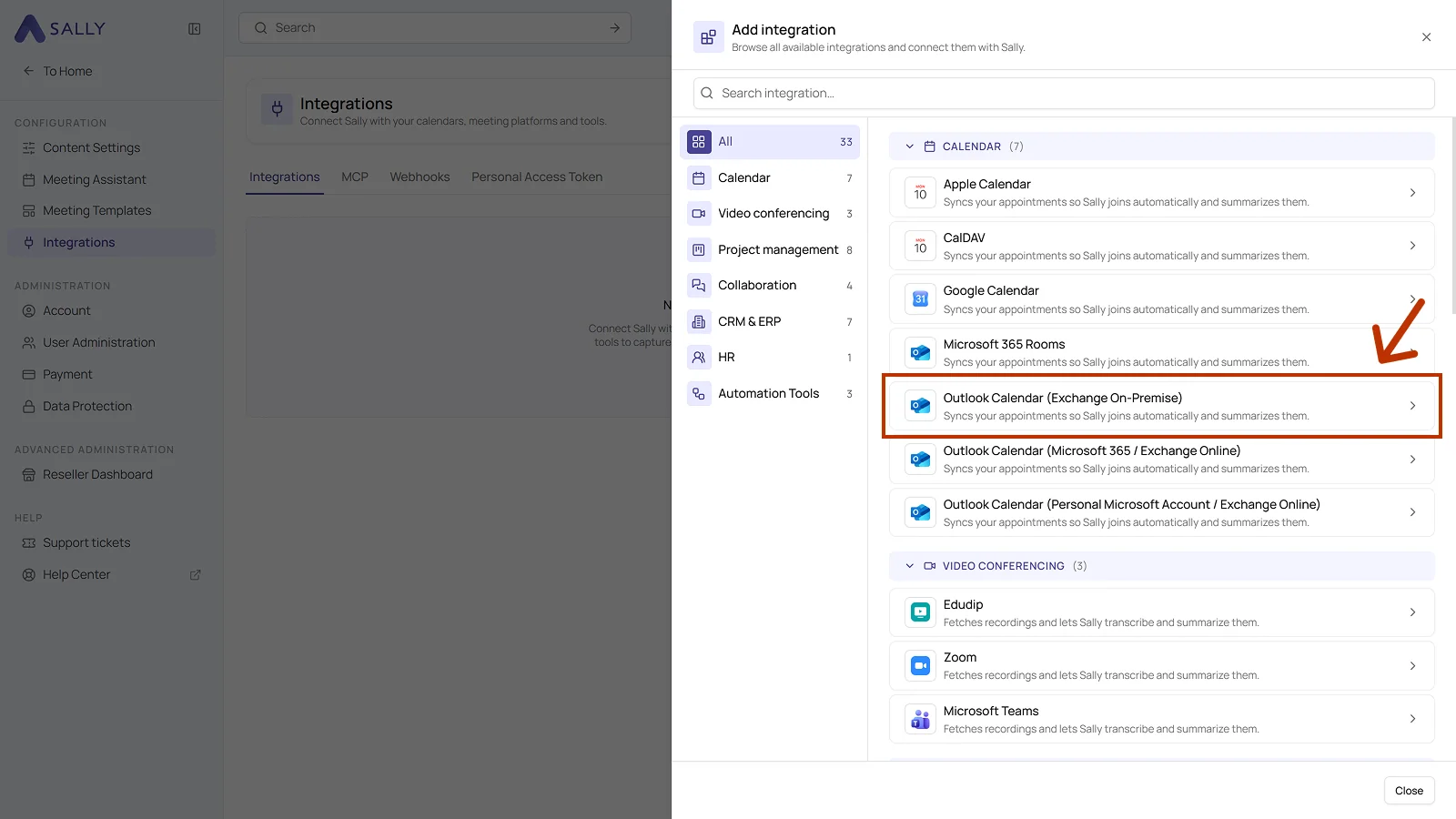 List of all available integrations with the Outlook Calendar entry for Exchange On-Premise highlighted