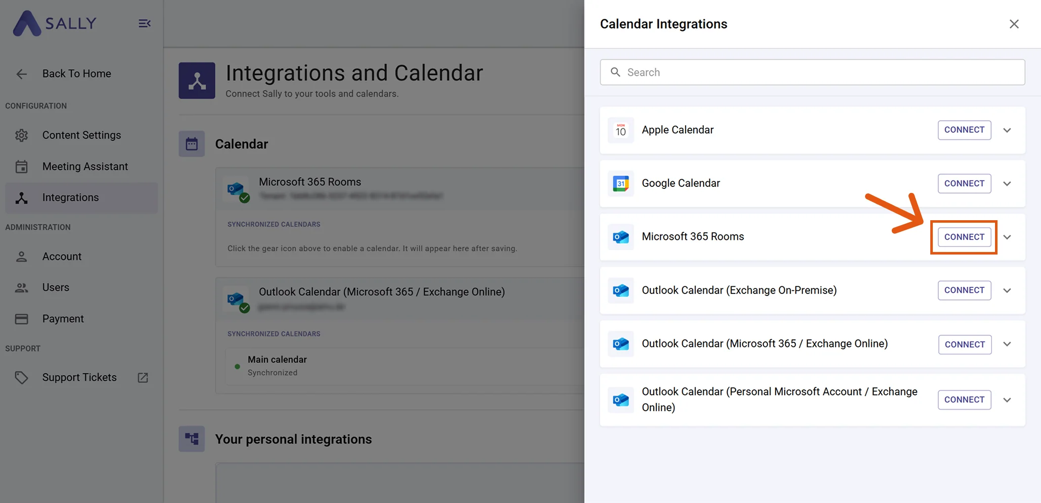 Calendar Integrations panel with Microsoft 365 Rooms and the Connect button highlighted