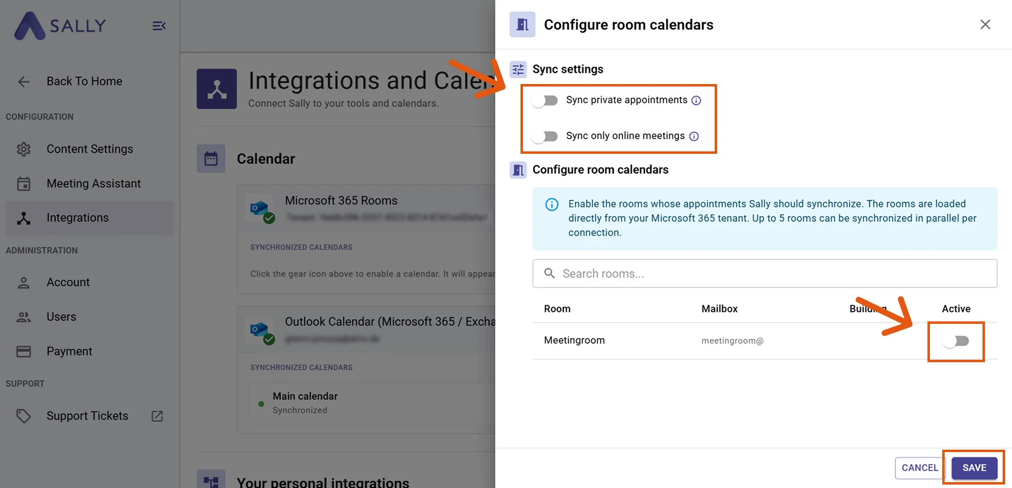 Configure room calendars dialog with sync settings toggles and a list of Microsoft 365 rooms to activate