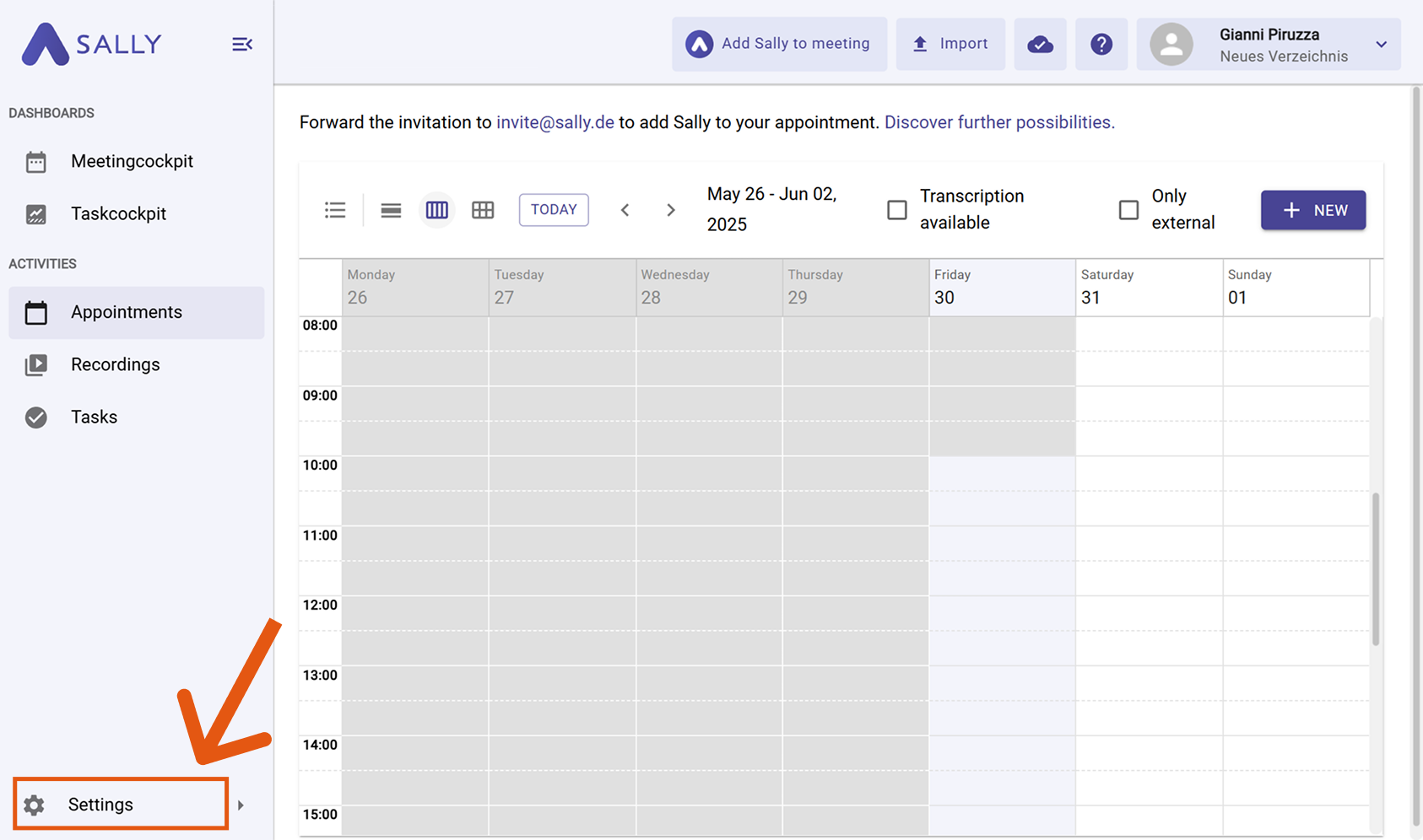 Sally interface with Settings highlighted in the left sidebar