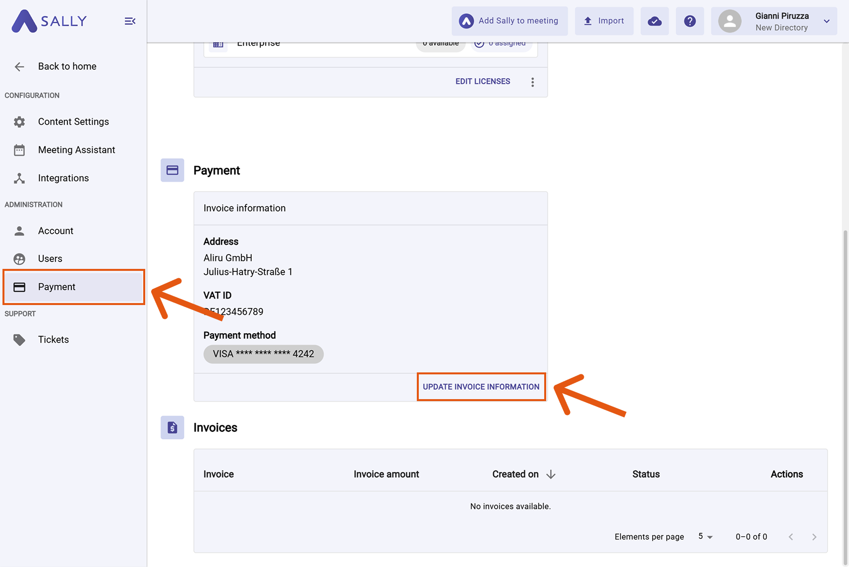 Payment section in Sally with invoice information and Update Invoice Information button highlighted