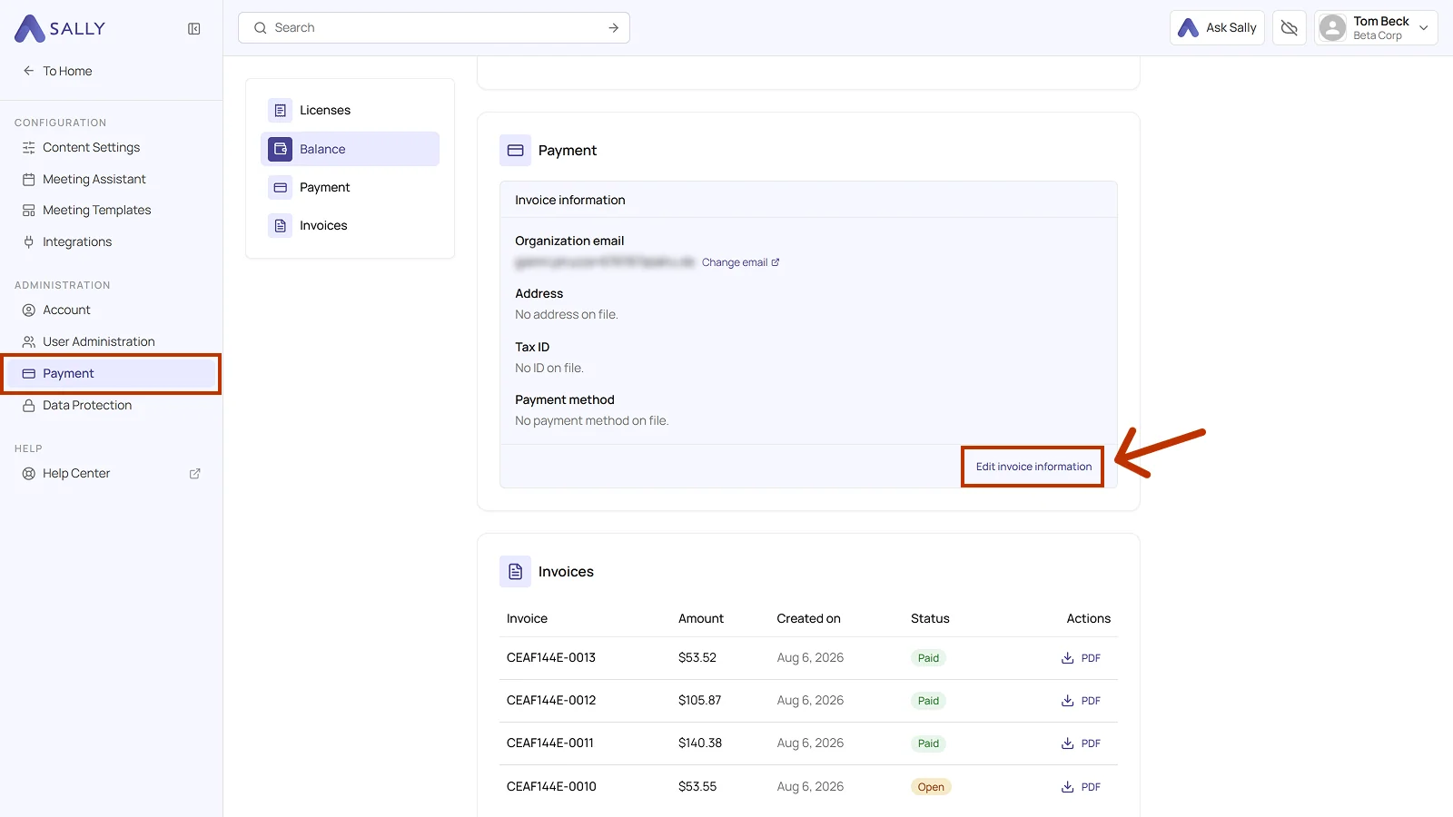 Payment section in the settings with the invoice information and the Edit invoice information button
