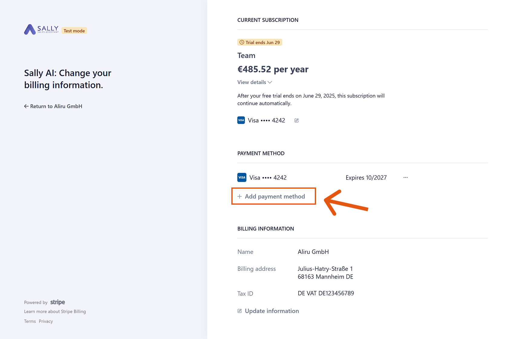 Payment page with +Add payment method option highlighted