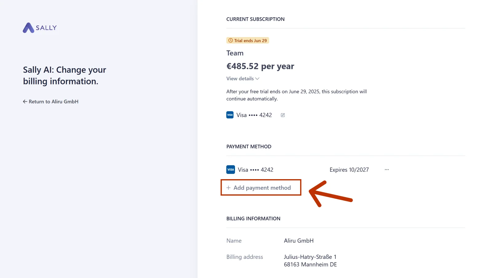 Stripe customer portal with the Payment method section and the Add payment method entry highlighted