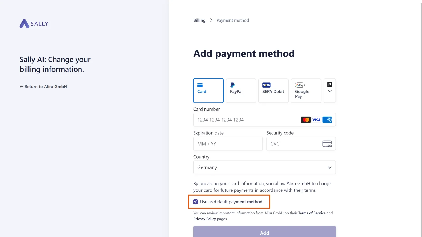 Add payment method dialog with the Card, PayPal, SEPA Debit, and Google Pay tiles and the default payment method checkbox