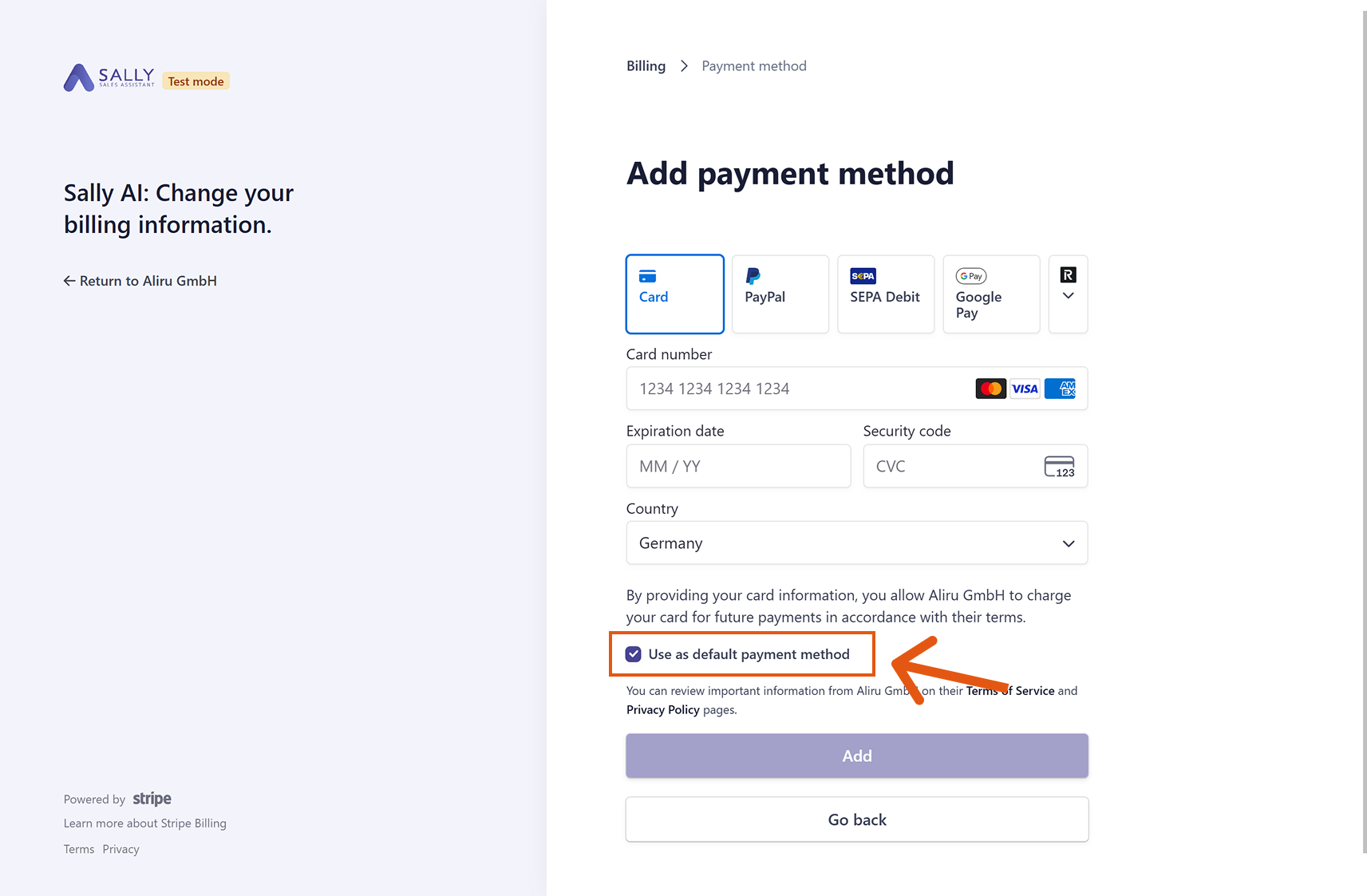 Payment method form with options like Card, PayPal, SEPA, Google Pay, Revolut and default payment checkbox