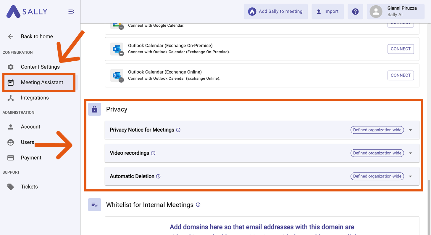Settings view with Meeting Assistant selected and the Privacy section highlighted
