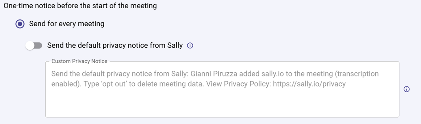 Privacy Notice for Meetings settings with options for when to send and a toggle for using the default notice