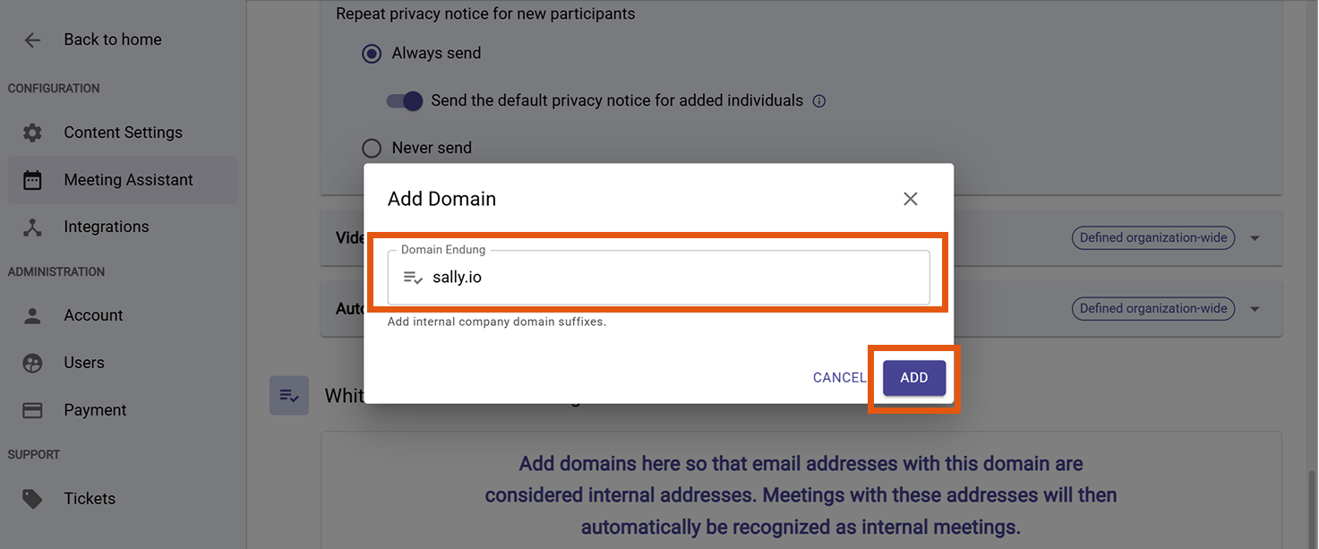 Add Domain dialog with a domain entered and Add button highlighted