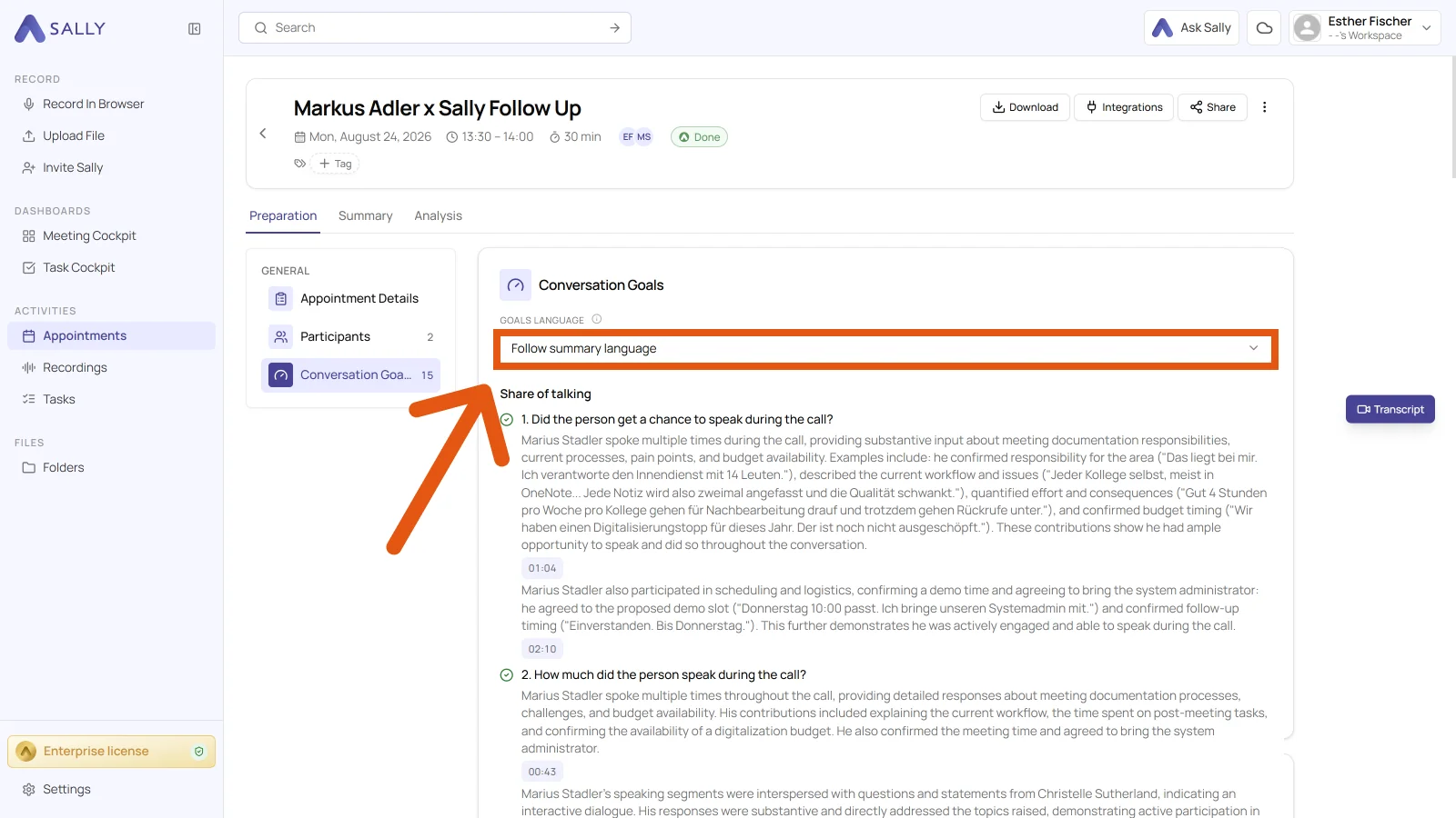 Goals language selector above the conversation goals, defaulting to Follow summary language