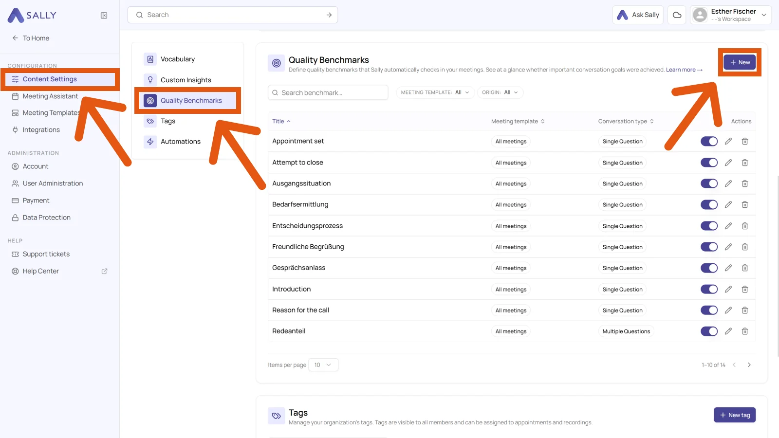 Content Settings with the list of quality benchmarks and the New button in the top right