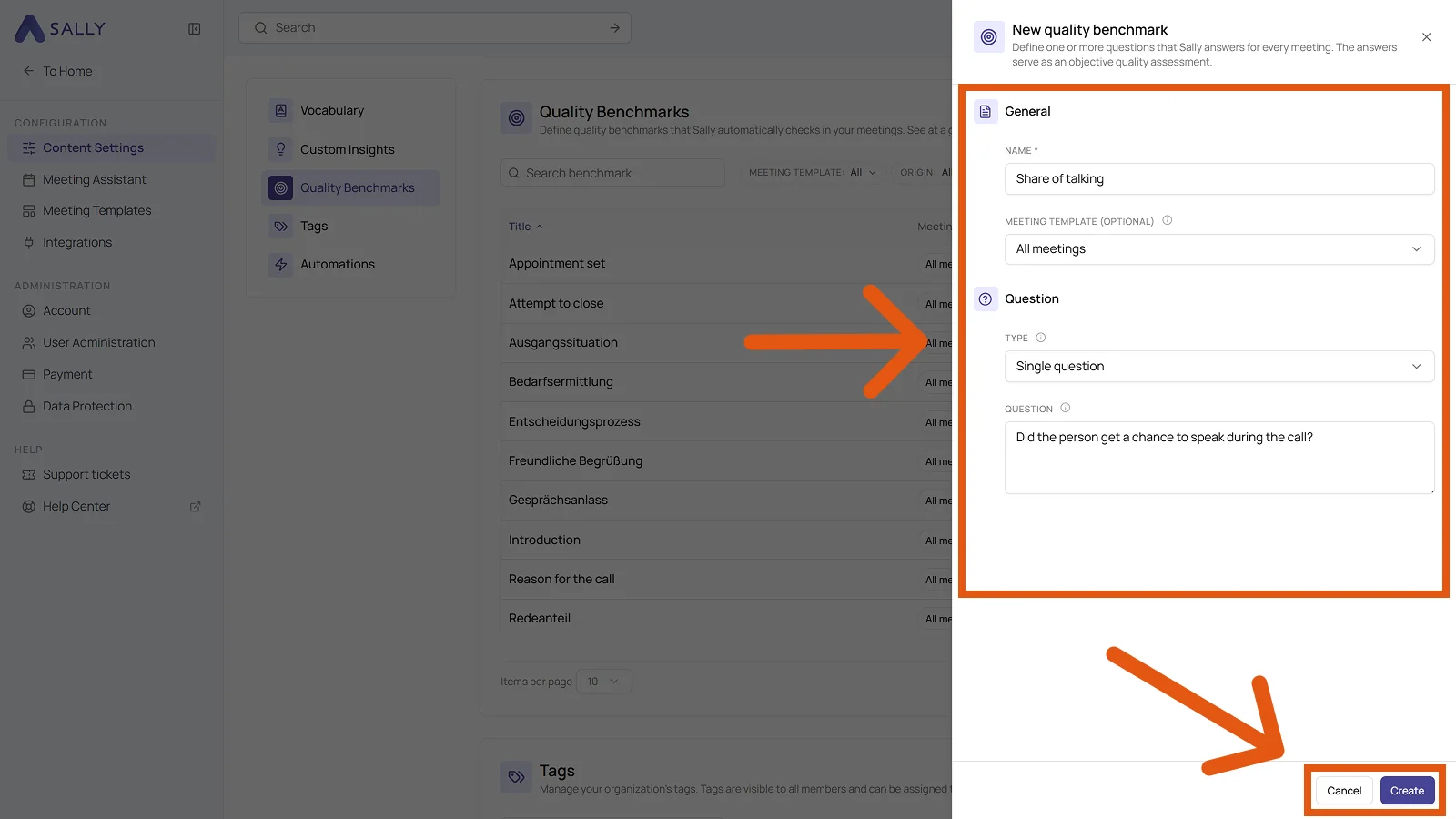 New quality benchmark panel with the General and Question areas