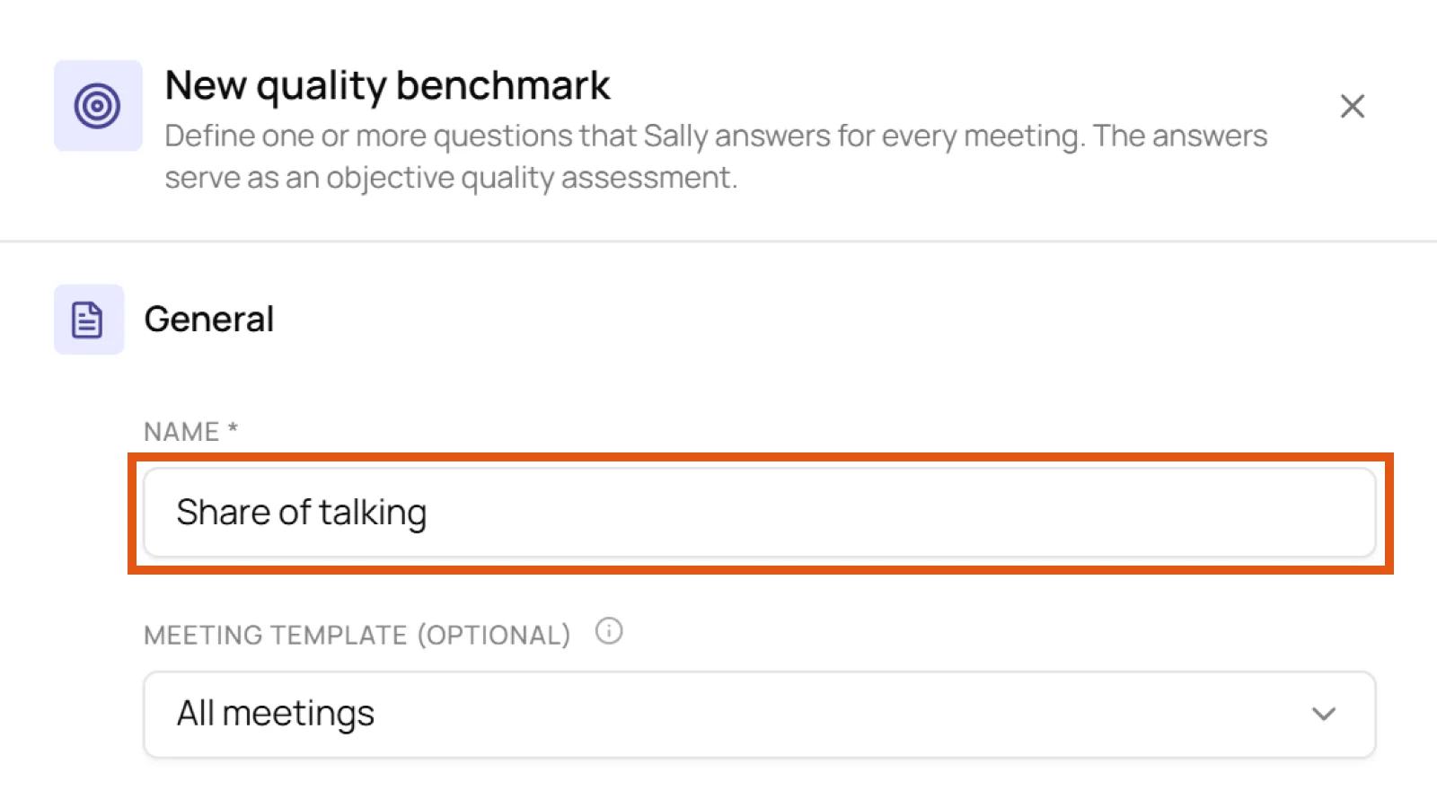 Name field in the General area with the example Share of talking
