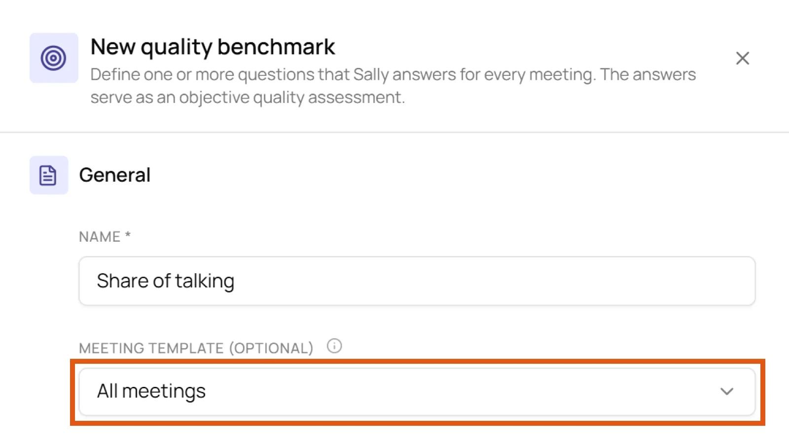 Meeting template field in the General area defaulting to All meetings