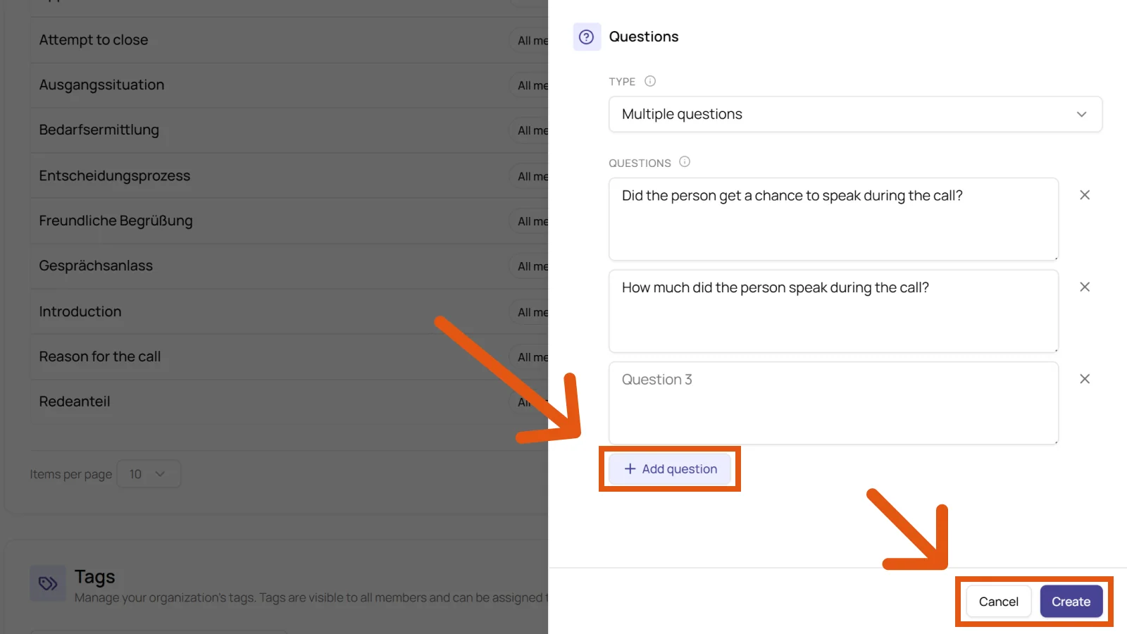 Questions area with the type Multiple questions, two questions written out, and the Add question button