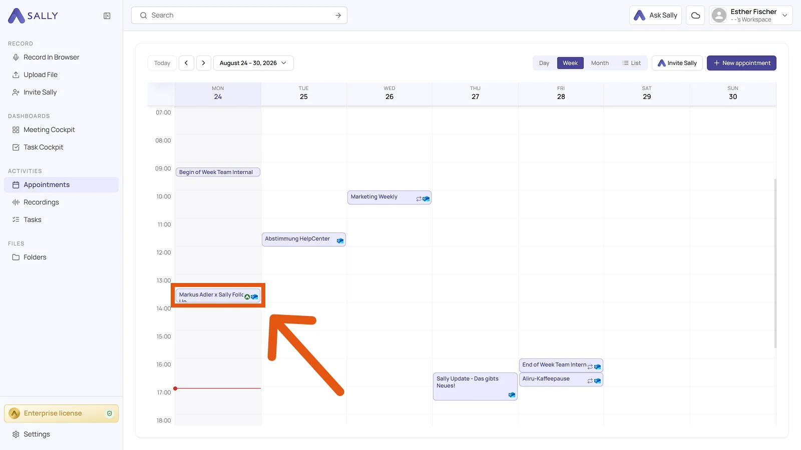 Appointment overview in Sally with one appointment highlighted