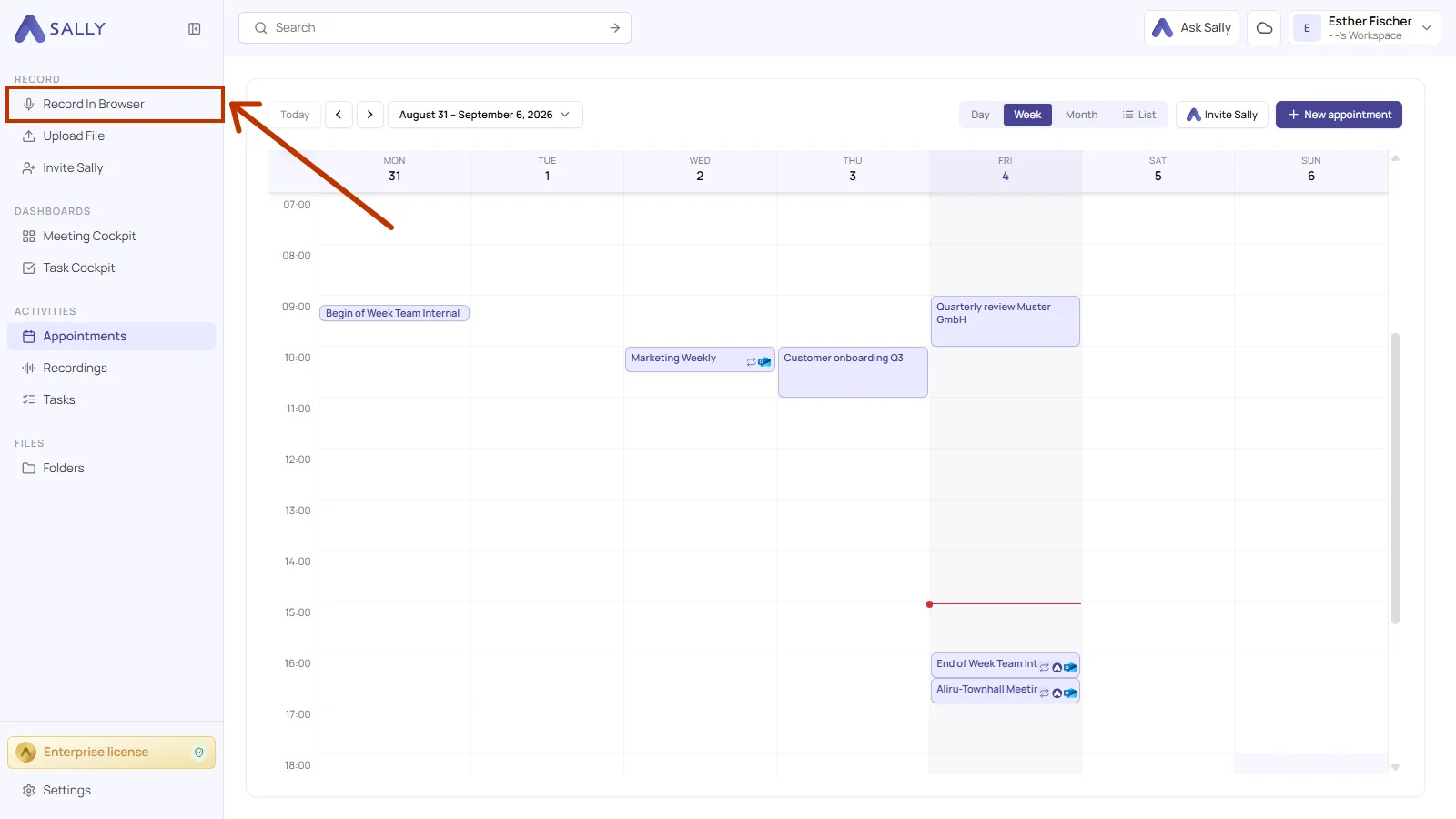 Sally sidebar with the Record In Browser entry marked under the Record heading