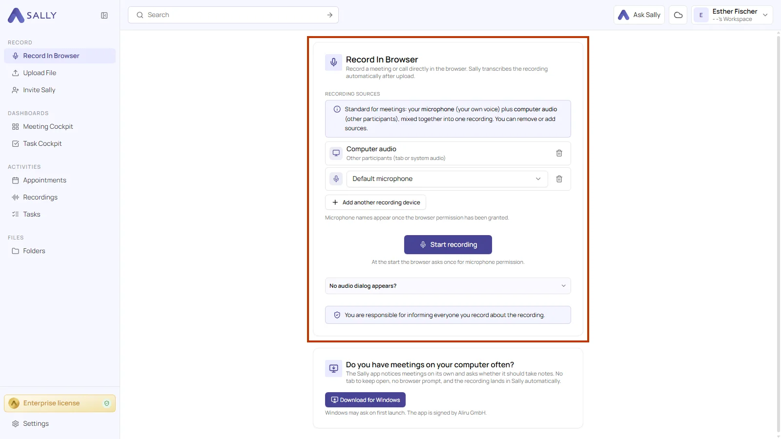 Opened Record In Browser panel with the recording sources, the start button and the notes below it