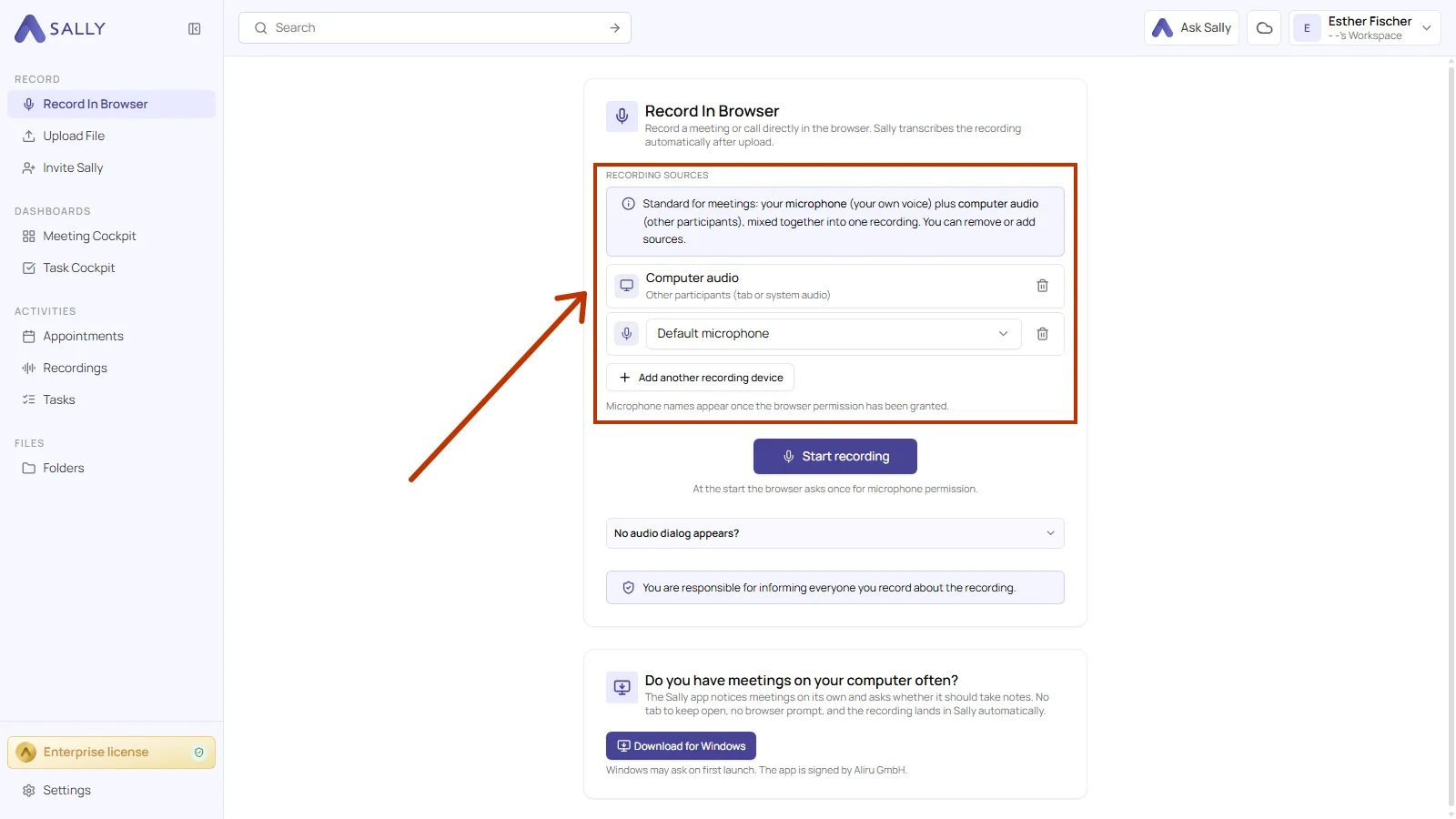 Record In Browser panel with the recording sources computer audio and microphone, and the Start recording button