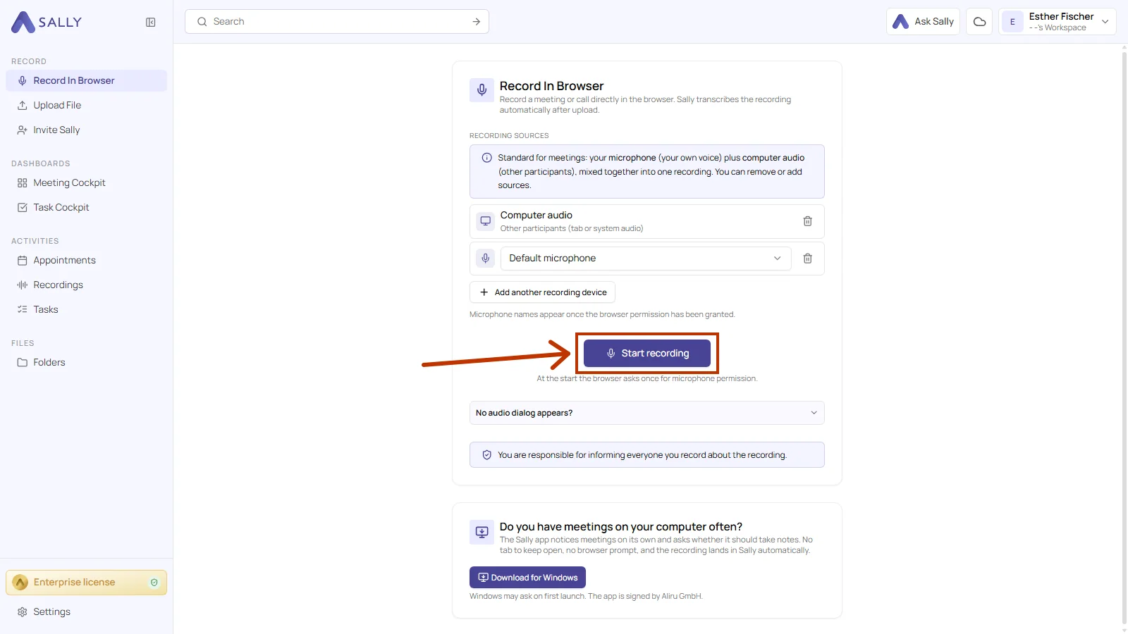 Record In Browser panel with the Start recording button framed