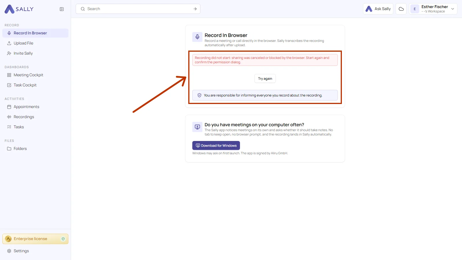 Record In Browser panel with the note about the recording that did not start and the Try again button