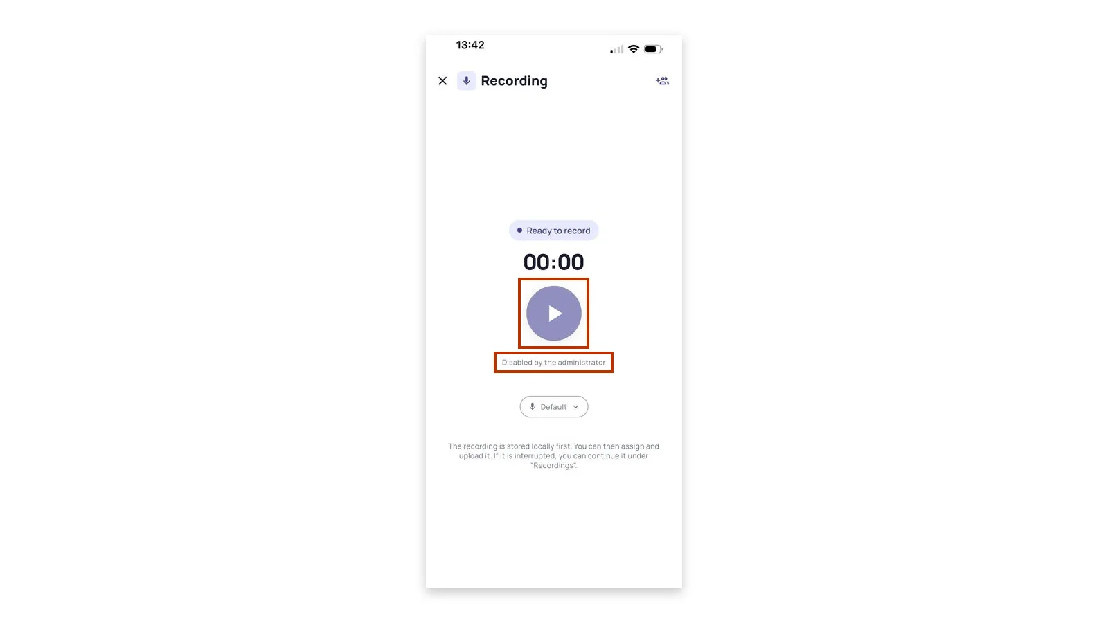 Recording screen of the Sally app with the greyed-out record button and the note Disabled by the administrator