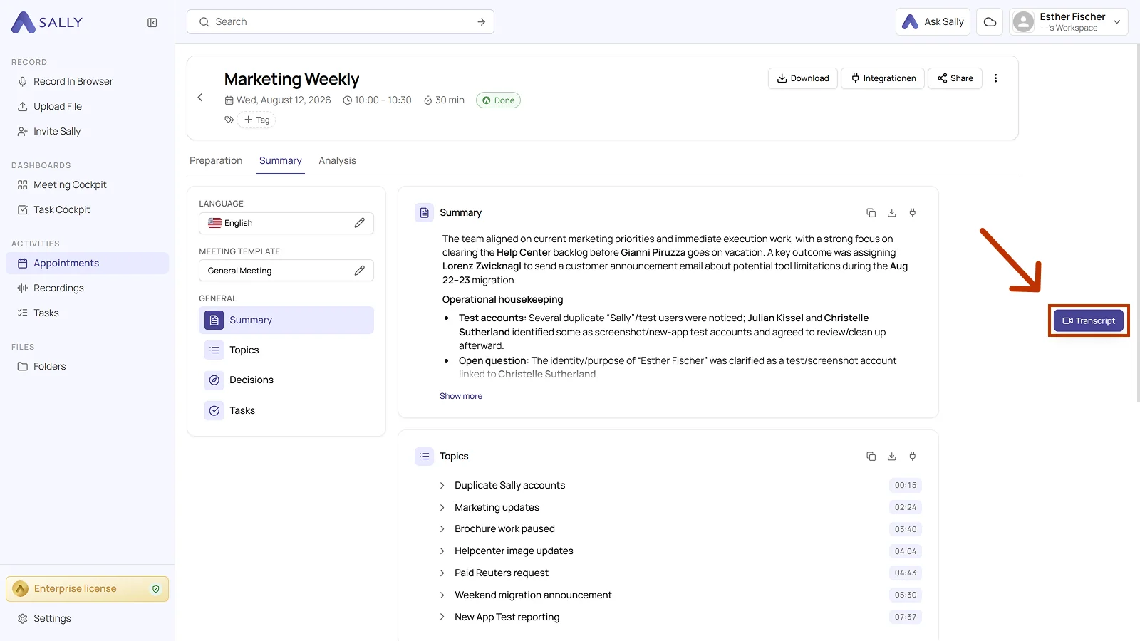 Meeting in Sally with the Transcript button highlighted on the right-hand side