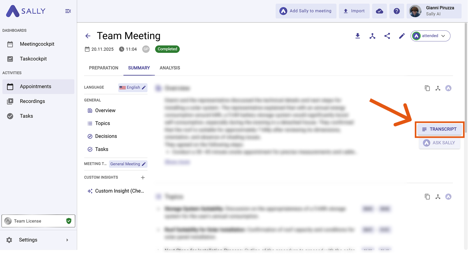 Open the transcript panel