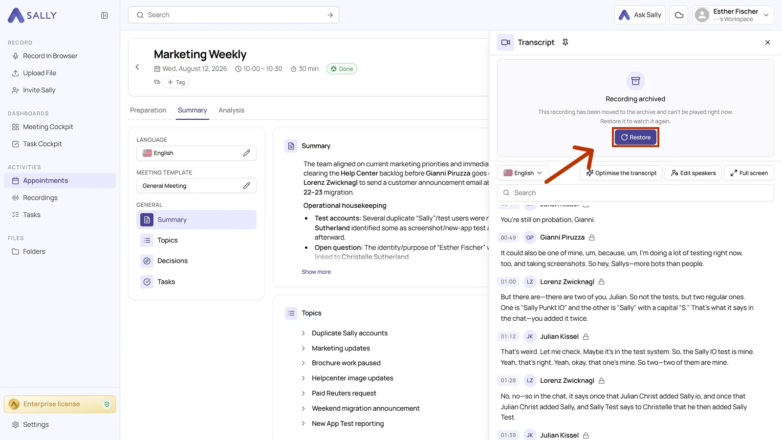 Transcript panel with the Recording archived notice and the Restore button highlighted