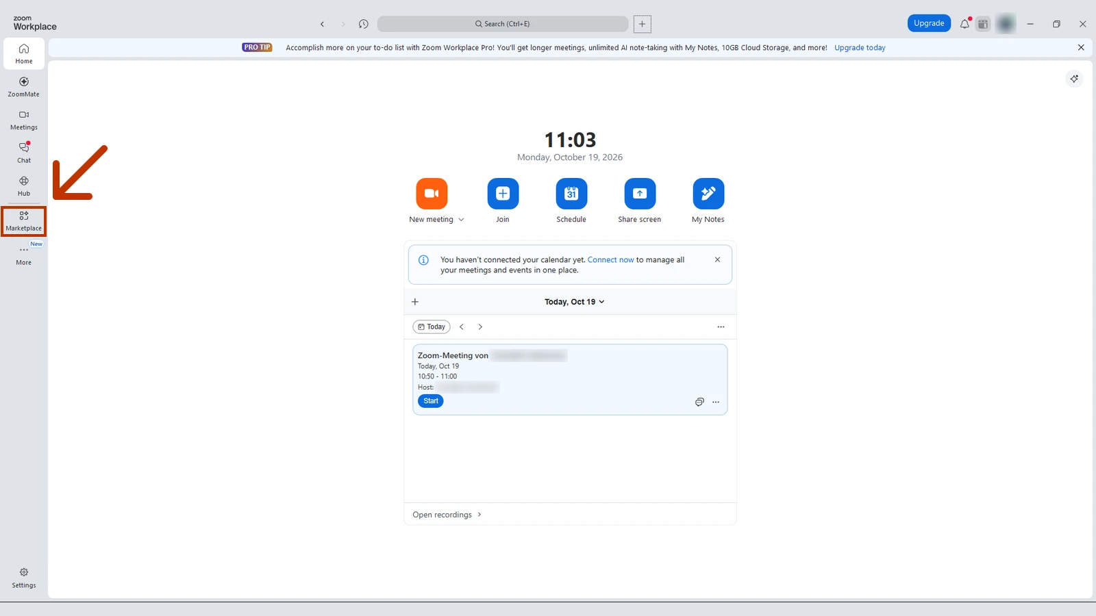Zoom desktop app with the Marketplace entry highlighted in the left bar