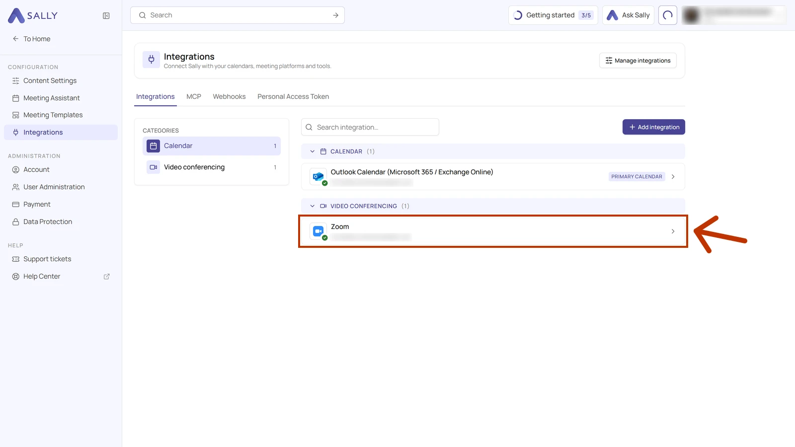 Integrations page in Sally with the connected Zoom integration under Video conferencing highlighted