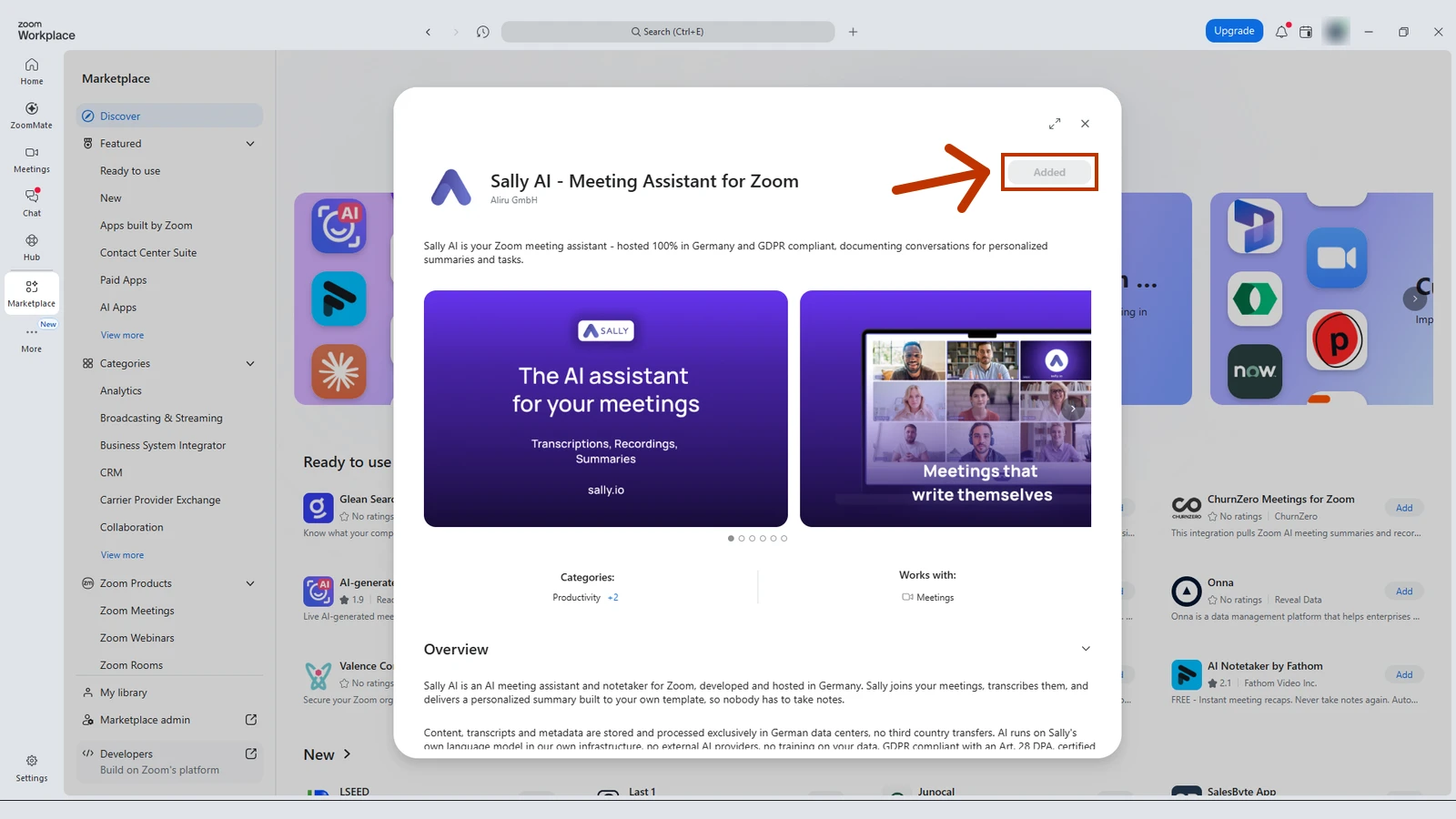 Sally AI - Meeting Assistant for Zoom listing in the Marketplace with the Added status highlighted