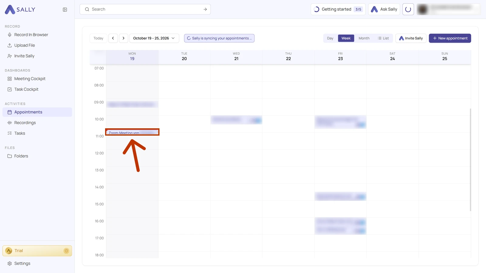 Week view under Appointments in Sally with a meeting synced from Zoom highlighted