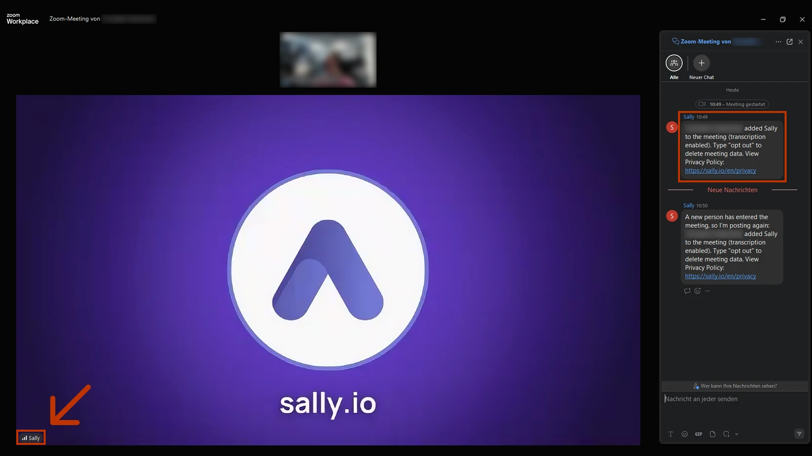 Zoom meeting with Sally as a participant, her name label Sally and her notice in the meeting chat highlighted