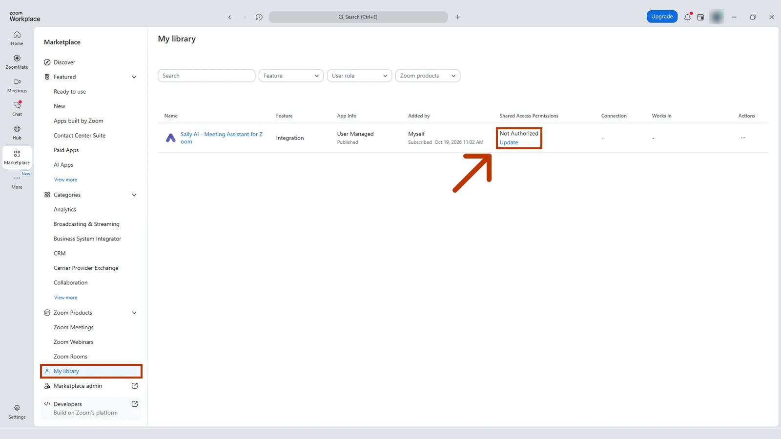 Zoom Marketplace with the My library menu item and the Not Authorized status with its Update link highlighted