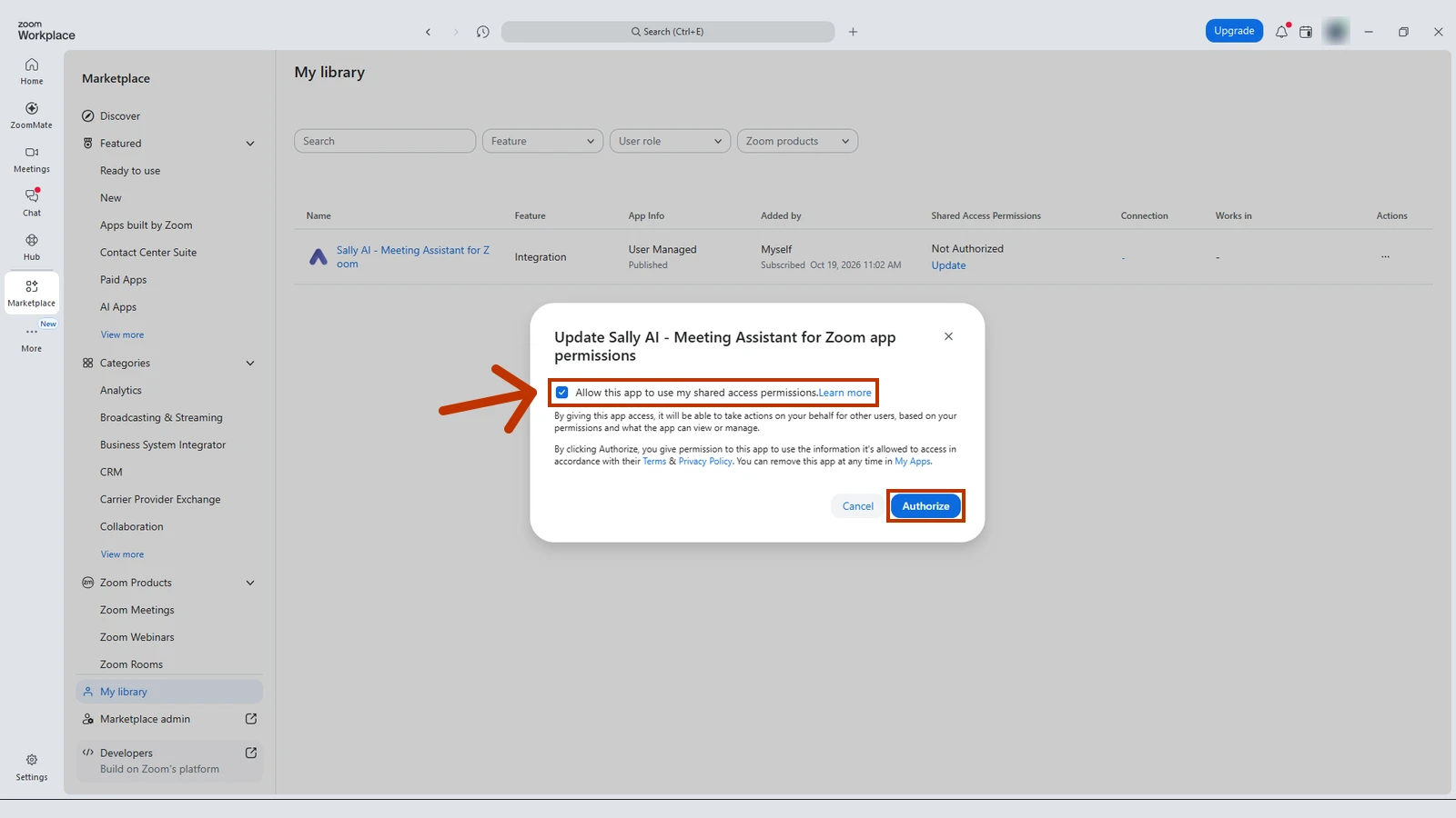 Window for updating the app permissions with the ticked checkbox and the Authorize button highlighted
