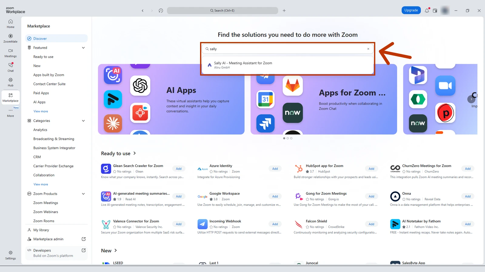 Zoom App Marketplace with the search for Sally and the result Sally AI - Meeting Assistant for Zoom highlighted